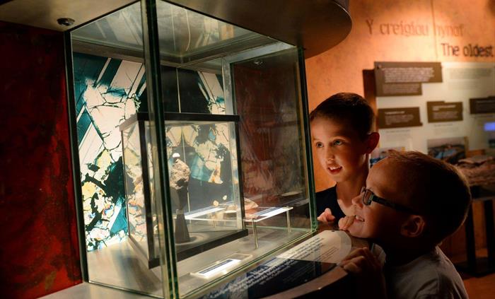 Two young boys are looking at a glass display case in the museum. In the case is a piece of rock, approximately 12 cm tall. The rock was collected by
